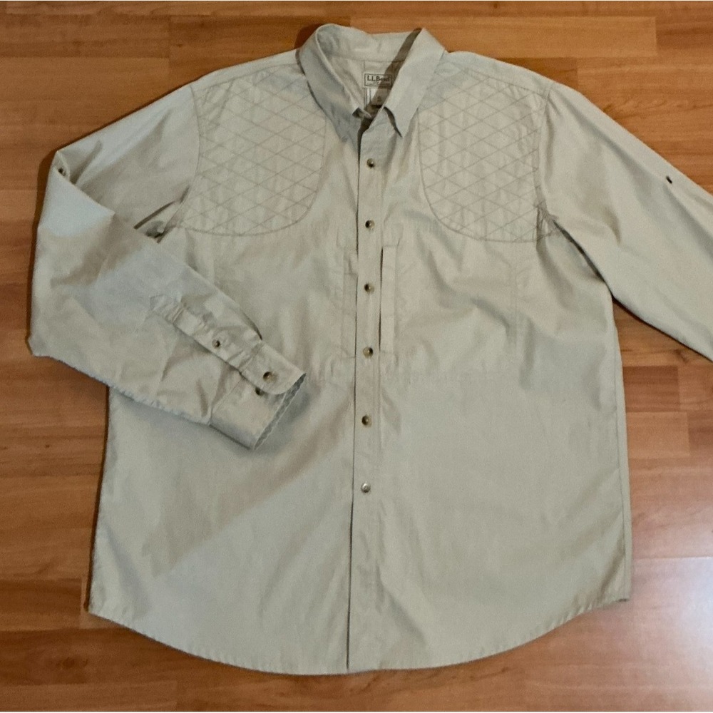 L.L.Bean XL Quilted‎ Shoulder Field Shirt Beige Tan Cotton Long Sleeve